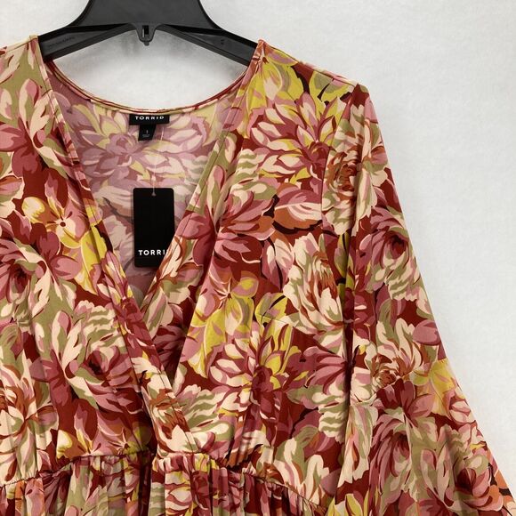Torrid Floral Surplice Wrap Dress Bell Sleeves Red Pink Yellow Plus 1X Babydoll - Picture 3 of 15